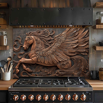 Stainless steel stove with bronze pegasus artwork on a glass backsplash in a kitchen setting.
