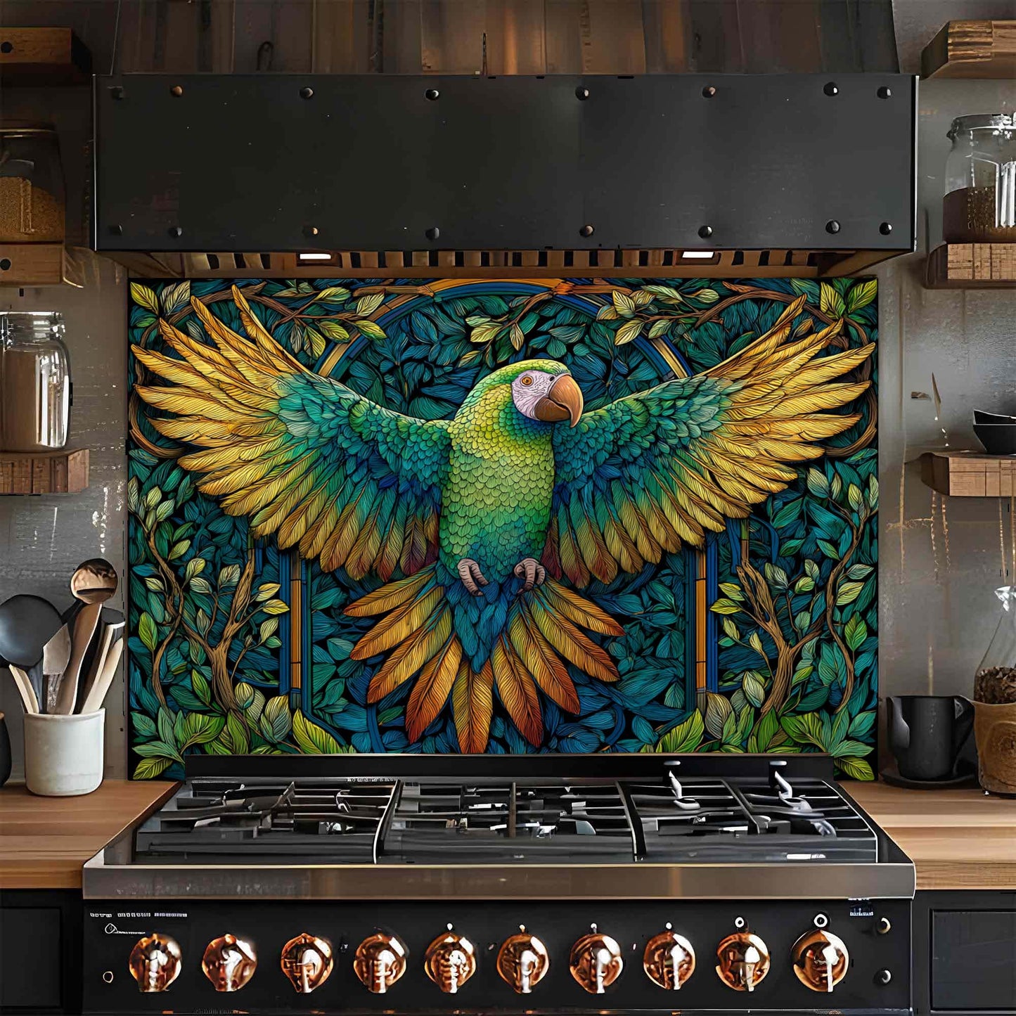Stainless steel stove with a colorful parrot glass backsplash on the wall above it.