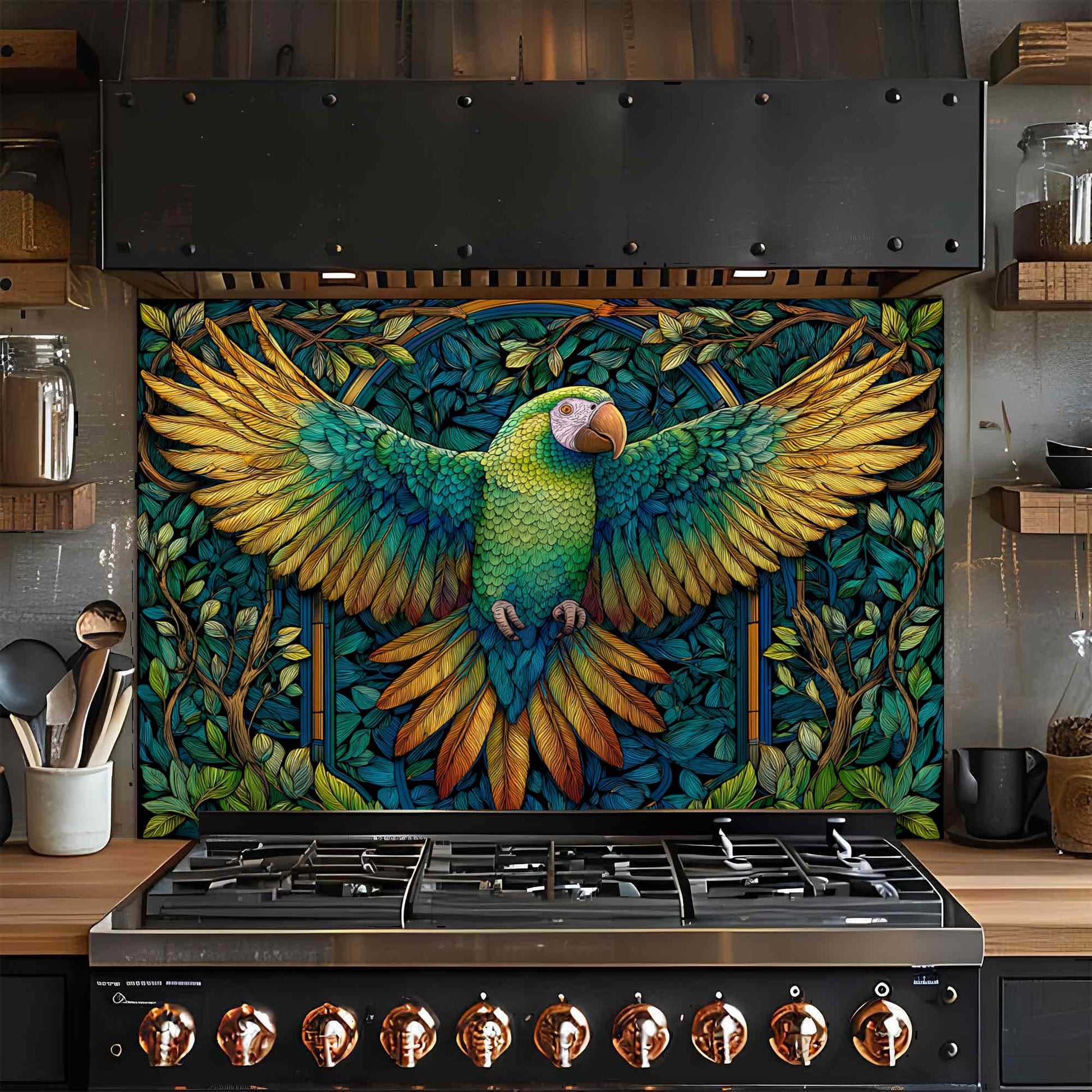 Stainless steel stove with a colorful parrot glass backsplash on the wall above it.