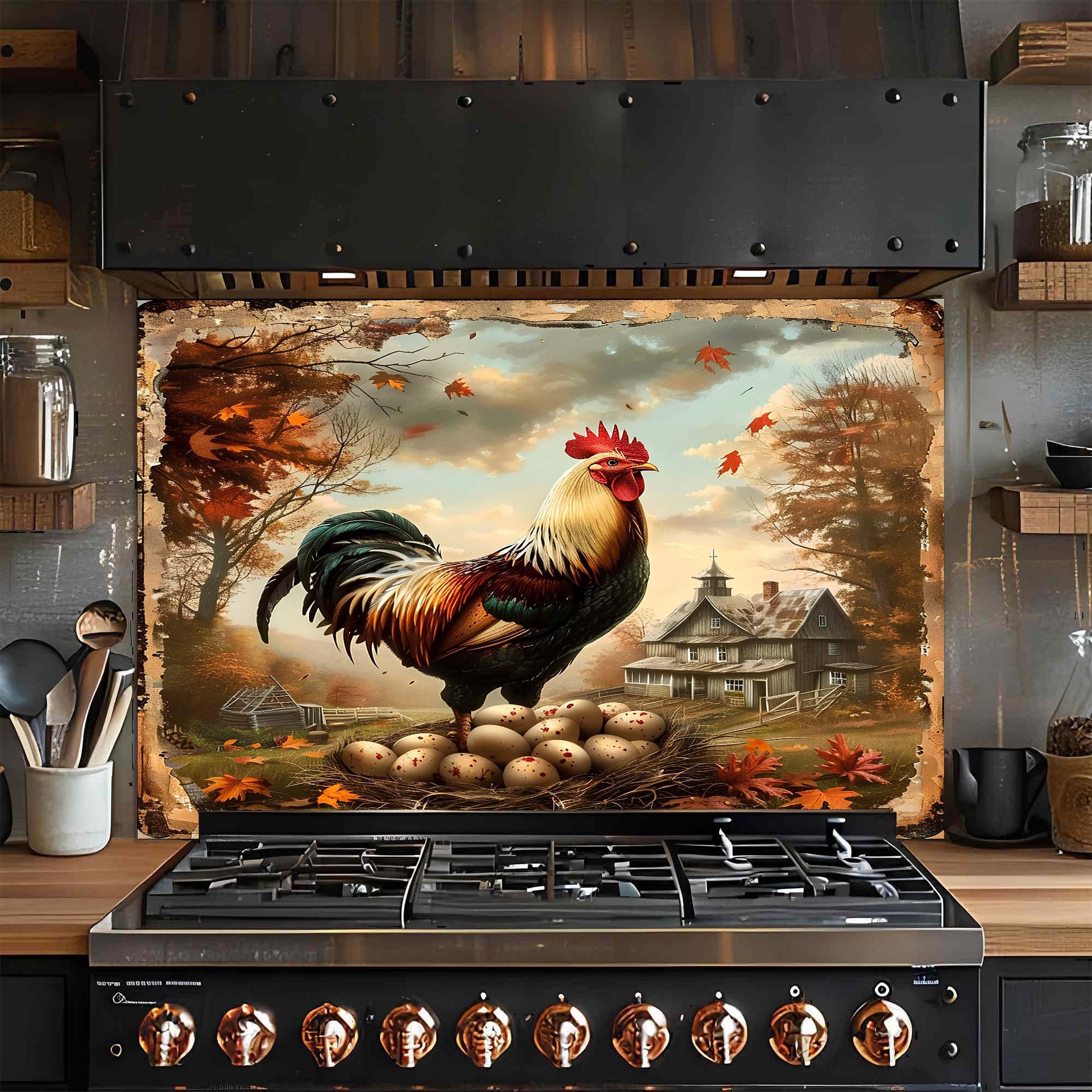 Stove with a decorative glass backsplash featuring a rooster and eggs in a rustic setting