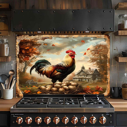 Stove with a decorative glass backsplash featuring a rooster and eggs in a rustic setting