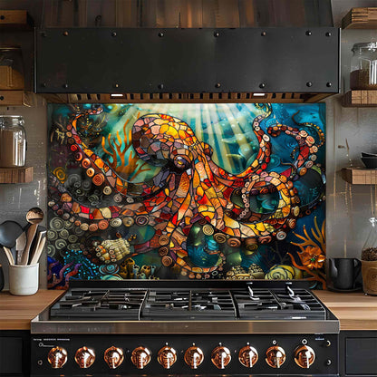 Stainless steel stove with a colorful octopus artwork on the glass backsplash in a kitchen setting.