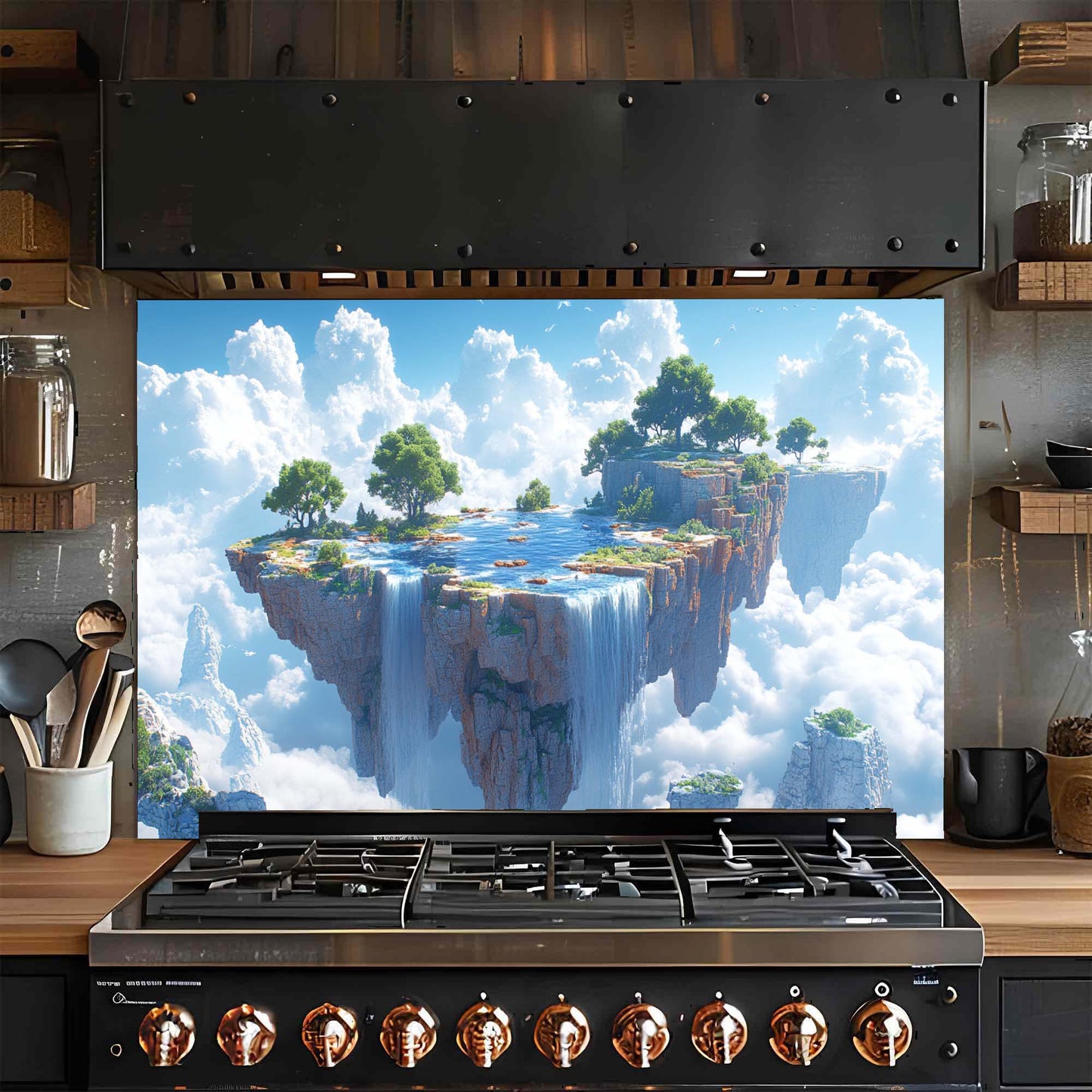 Stainless steel gas stove with a scenic glass backsplash of a floating island in the sky.
