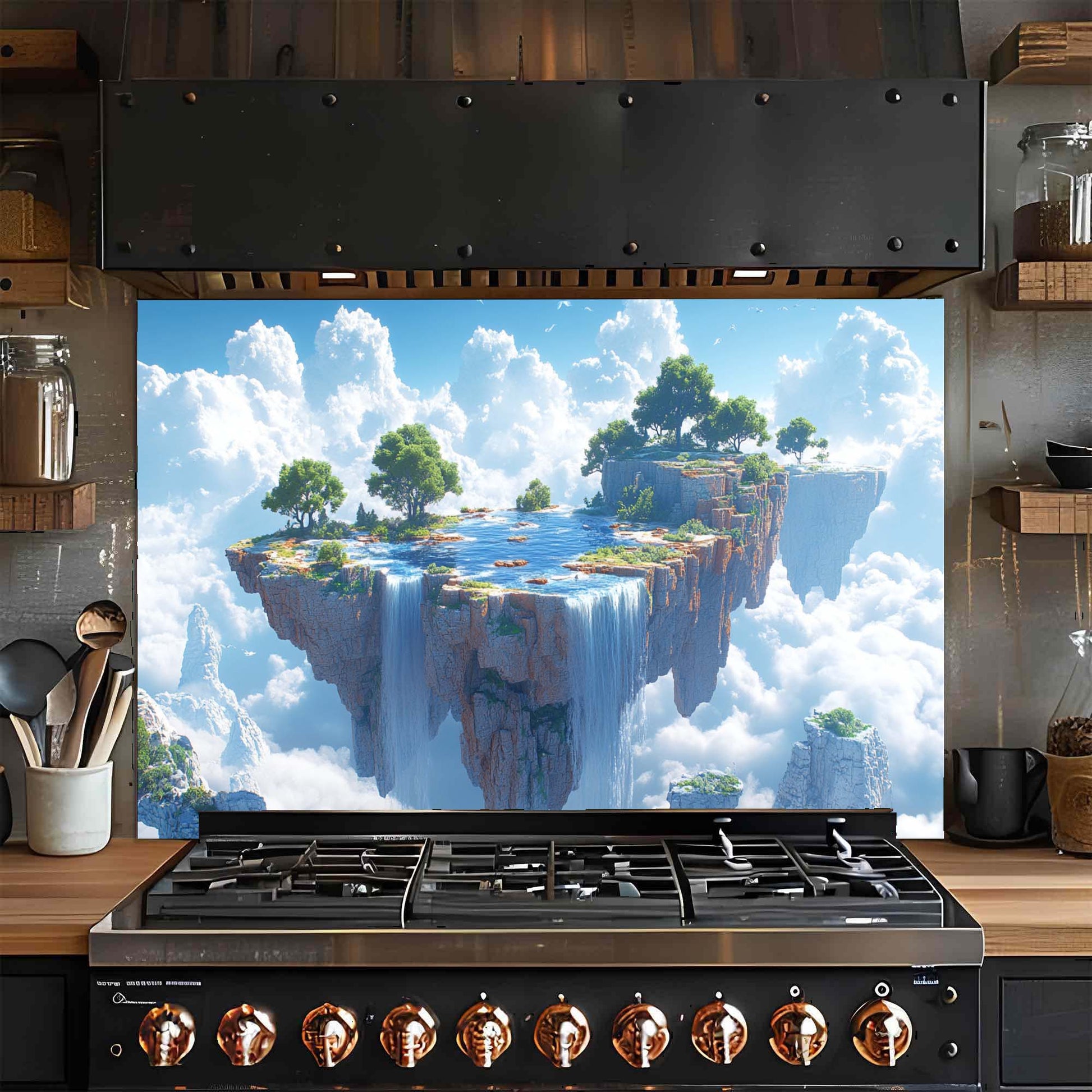 Stainless steel gas stove with a scenic glass backsplash of a floating island in the sky.