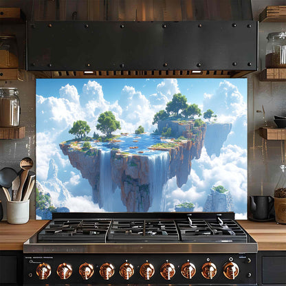 Stainless steel gas stove with a scenic glass backsplash of a floating island in the sky.