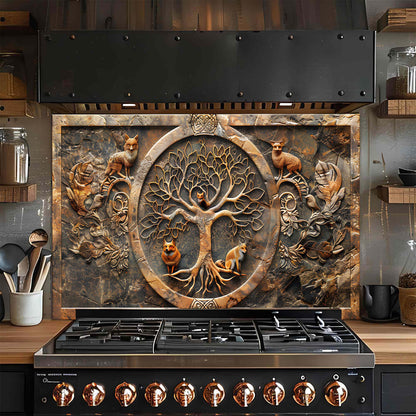 Decorative glass backsplash with tree of life design above a stove in a kitchen.