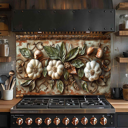 Decorative glass backsplash with floral and fruit design above a stove in a kitchen.