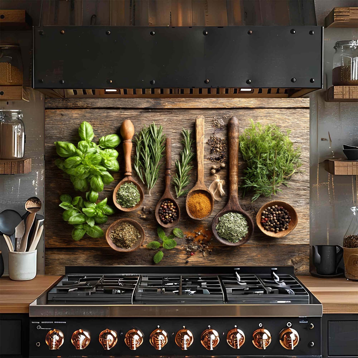 Modern kitchen with gas stove and glass backsplash with herbs and spices