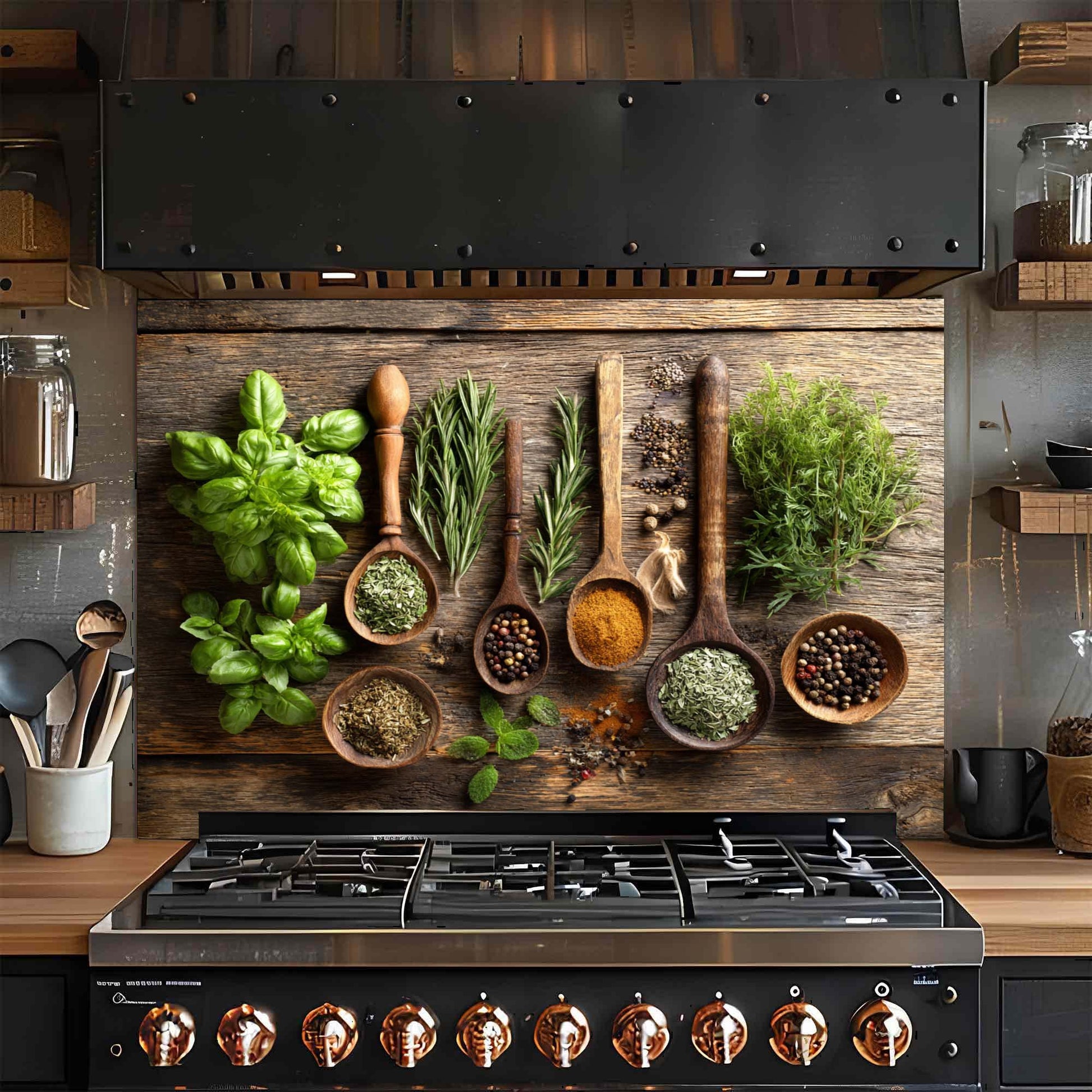 Modern kitchen with gas stove and glass backsplash with herbs and spices
