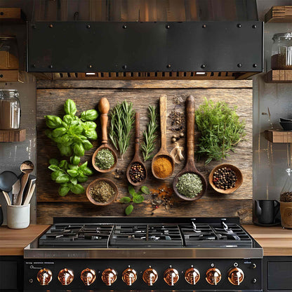 Modern kitchen with gas stove and glass backsplash with herbs and spices