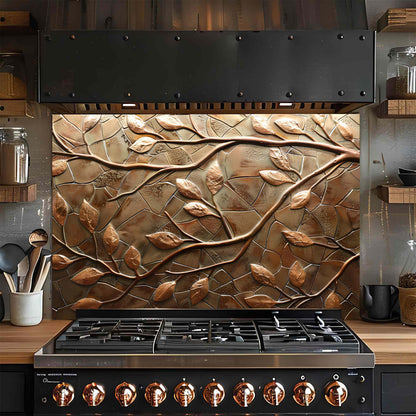 Stainless steel gas stove with decorative leaf-patterned glass backsplash in a kitchen setting.