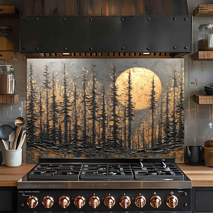 Stainless steel stove with forest and moon design glass backsplash in a kitchen setting