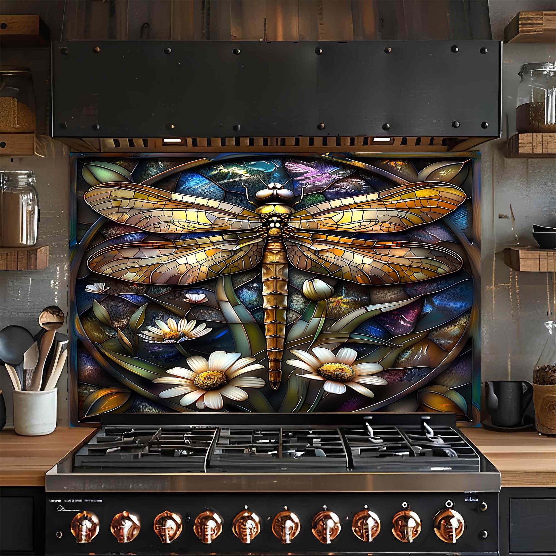 Stained glass dragonfly design glass backsplash above a stove in a kitchen