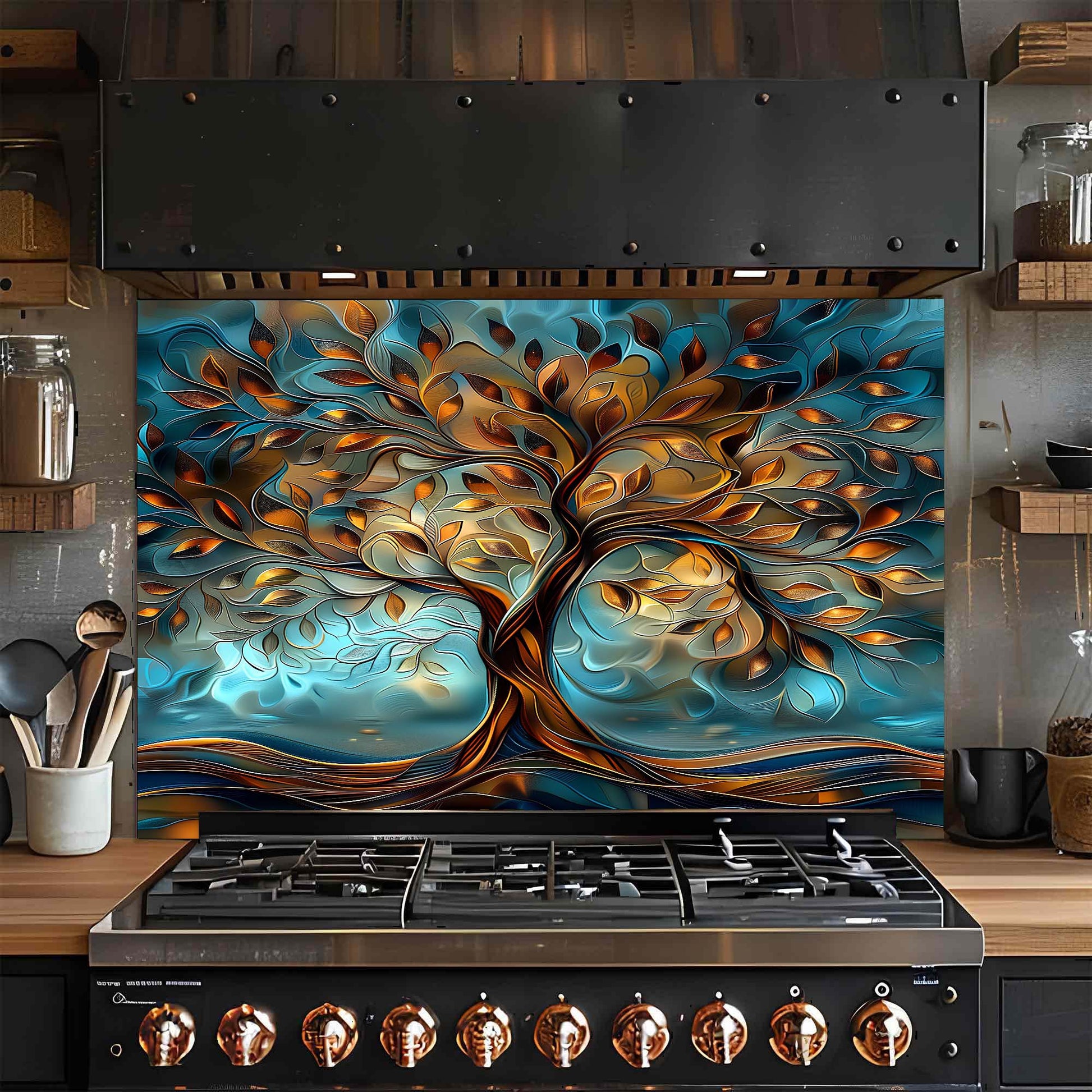 Stainless steel gas stove with artistic glass splashback featuring a tree design in a kitchen setting.