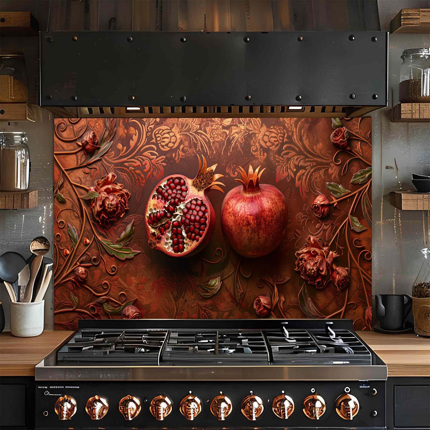 Stainless steel stove with decorative glass backsplash featuring pomegranates and floral patterns.