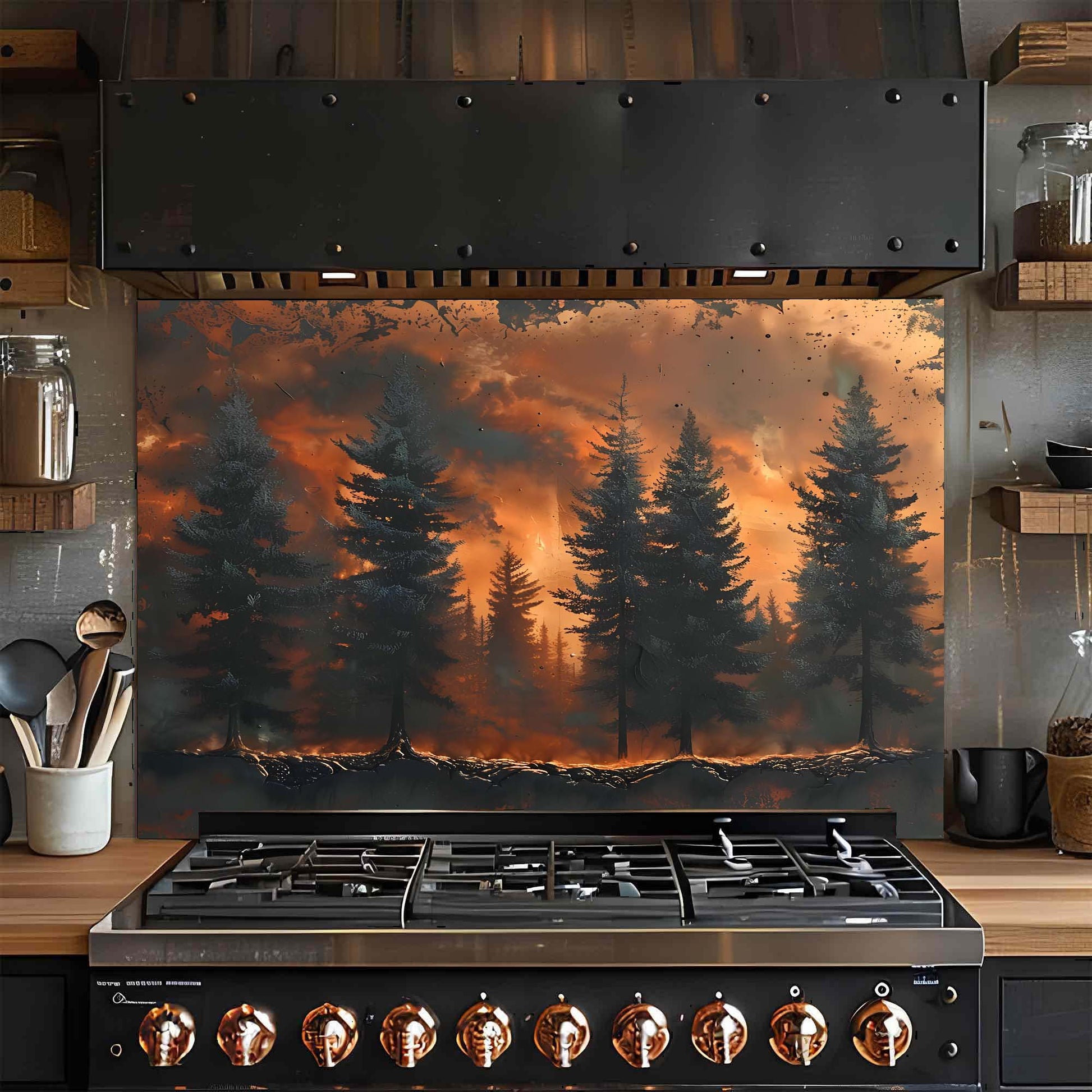 Stainless steel gas stove with copper knobs in a kitchen setting, featuring a forest fire glass backsplash on the wall.