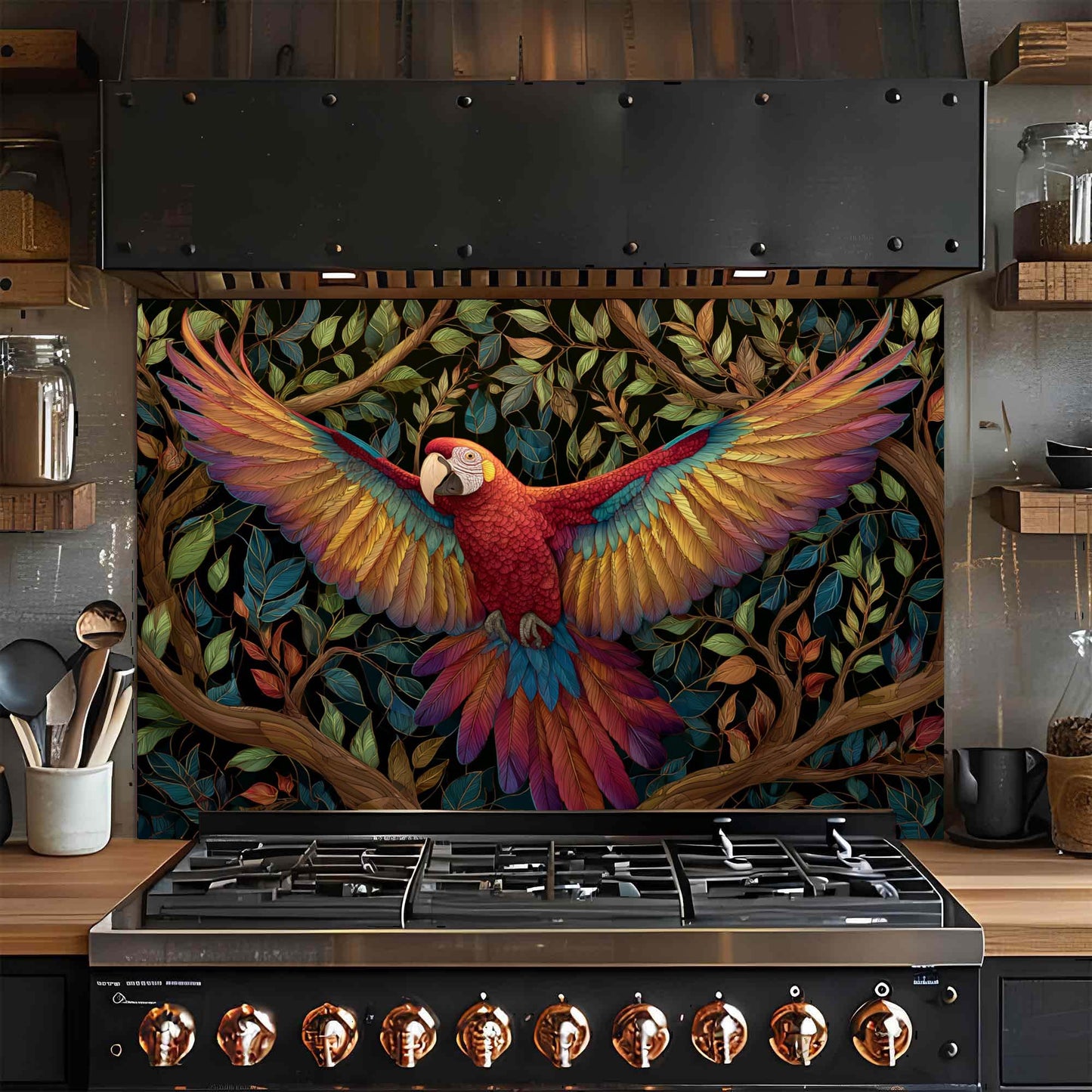 Stainless steel stove with a colorful parrot glass backsplash on the wall above it.