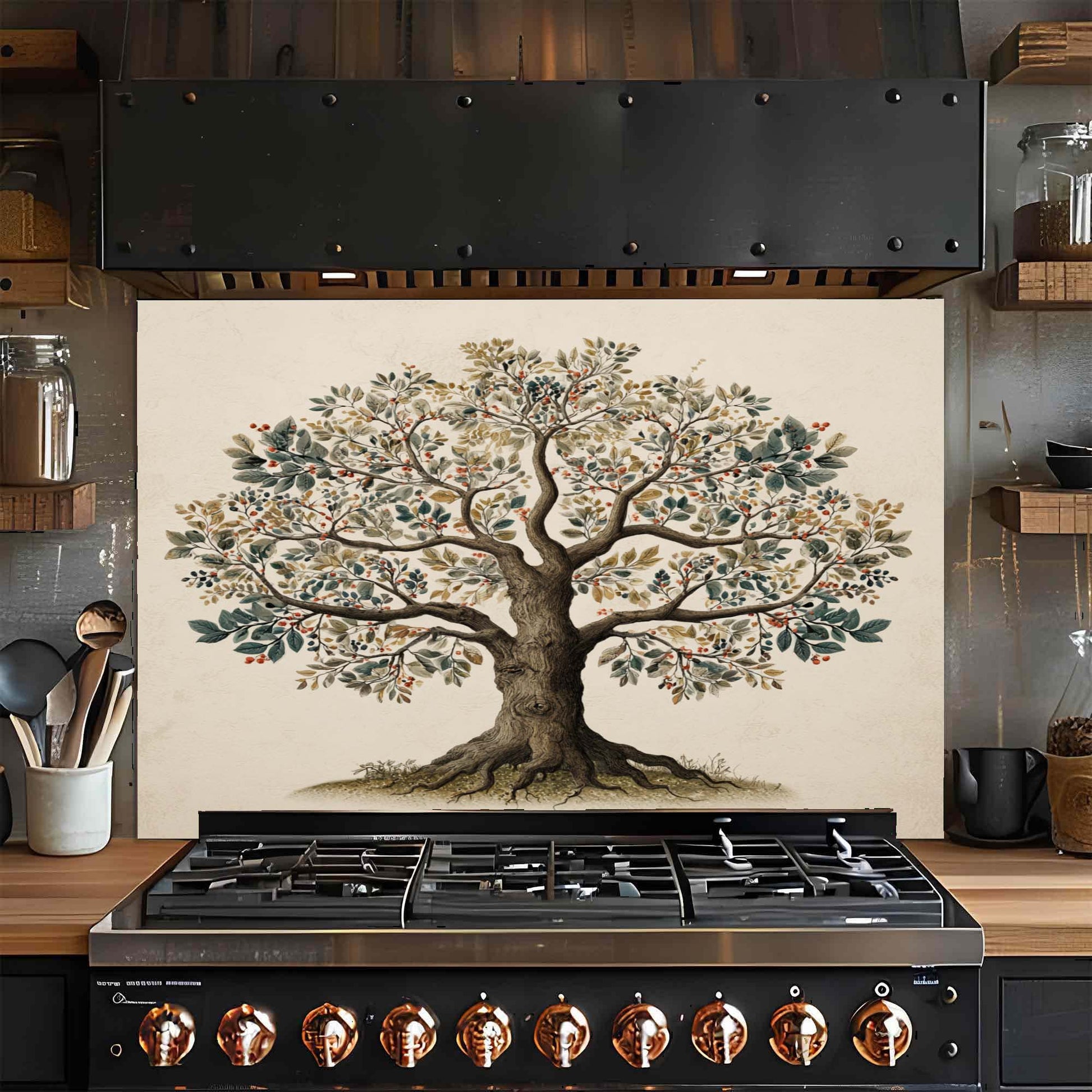 Botanical Tree of Life glass backsplash with soft earthy tones. Elegant and functional stove backsplash.