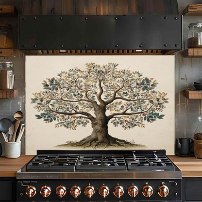 Botanical Tree of Life glass backsplash with soft earthy tones. Elegant and functional stove backsplash.