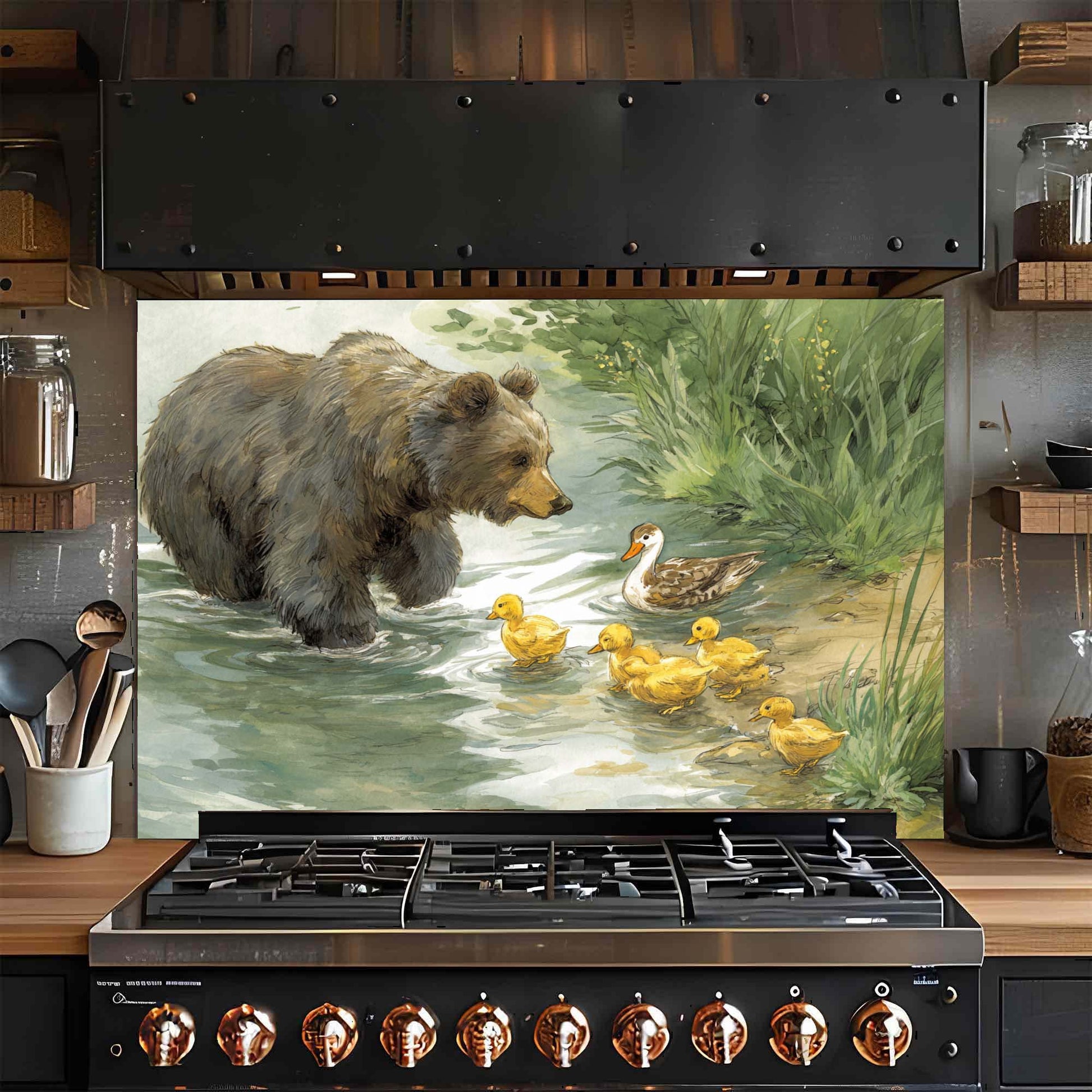 Stainless steel gas stove with a decorative glass backsplash featuring a bear and duck family scene.