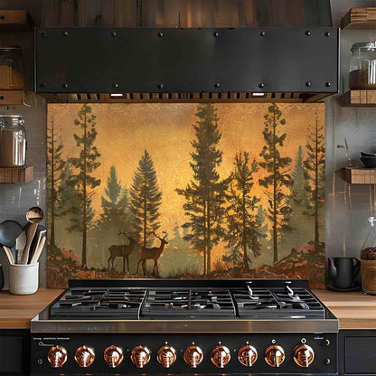 Stainless steel gas stove with decorative forest glass backsplash in a kitchen setting