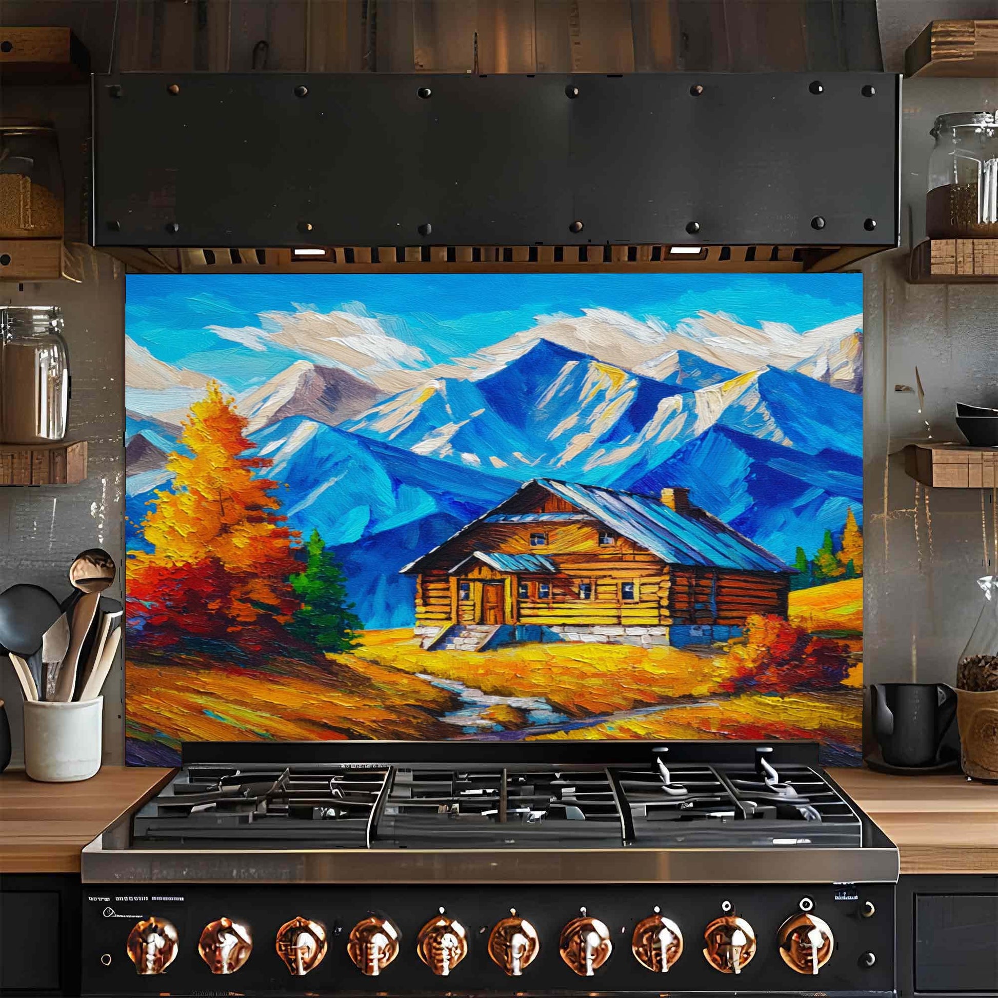 Stainless steel gas stove with a colorful mountain scene glass backsplash in a kitchen.