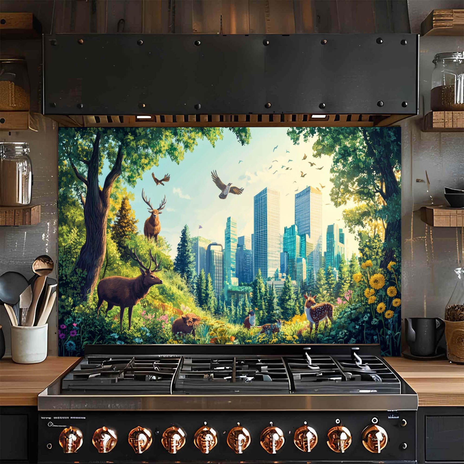 Kitchen with a decorative glass backsplash featuring a nature scene with trees, animals, and city skyline.