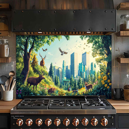 Kitchen with a decorative glass backsplash featuring a nature scene with trees, animals, and city skyline.