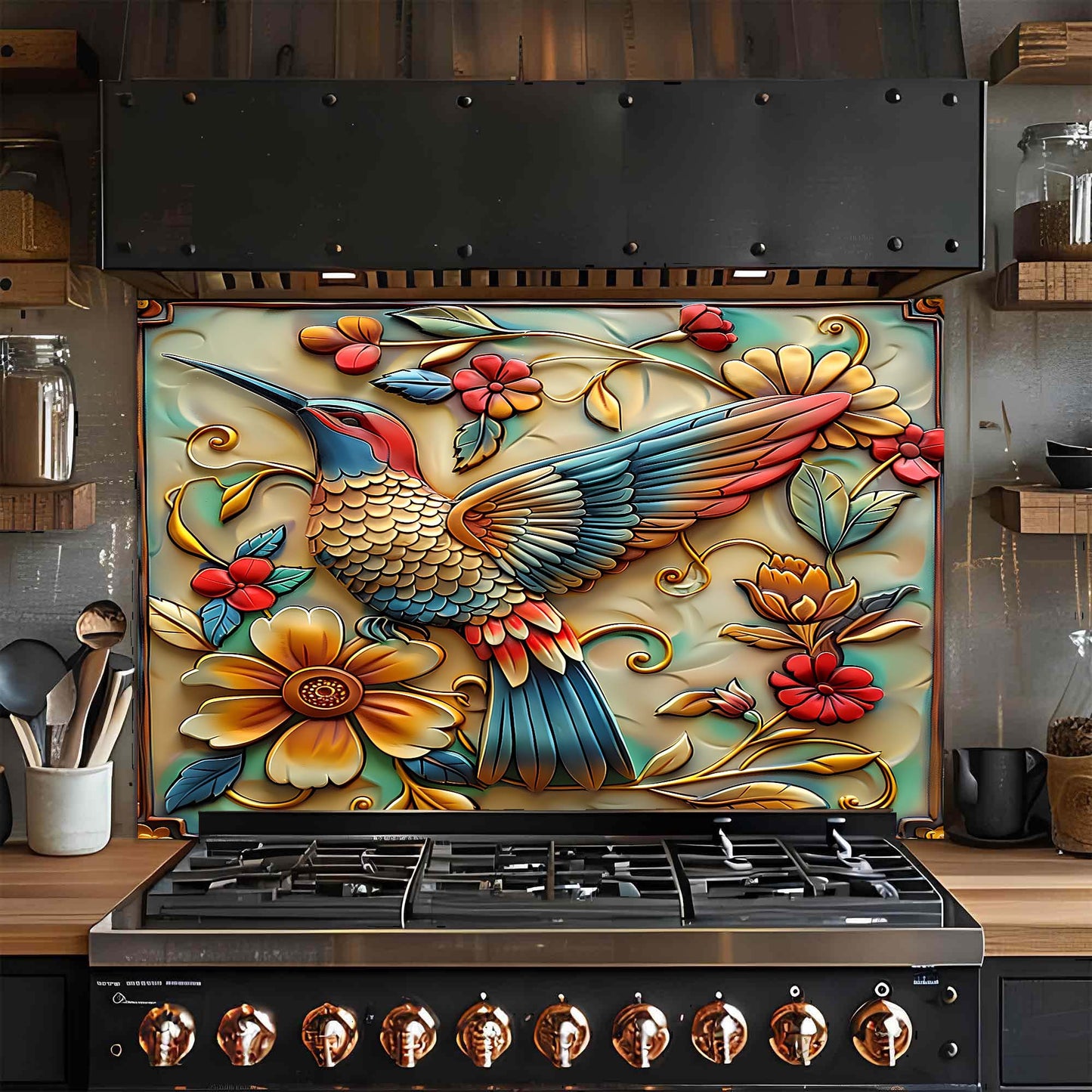 Decorative glass backsplash with a colorful bird and flowers above a stove in a kitchen.