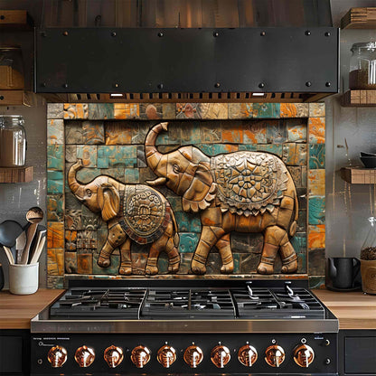 Decorative backsplash with elephant design above a stove in a kitchen.