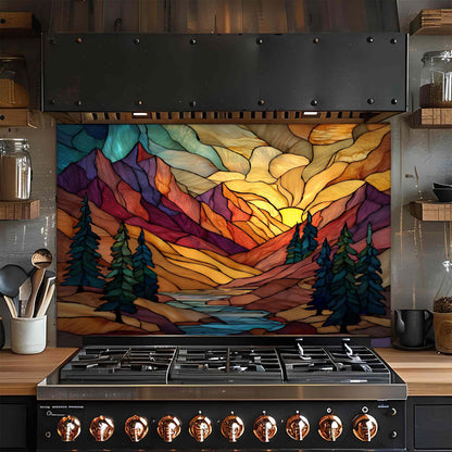 Stainless steel stove with a colorful mountain scene backsplash in a kitchen setting.