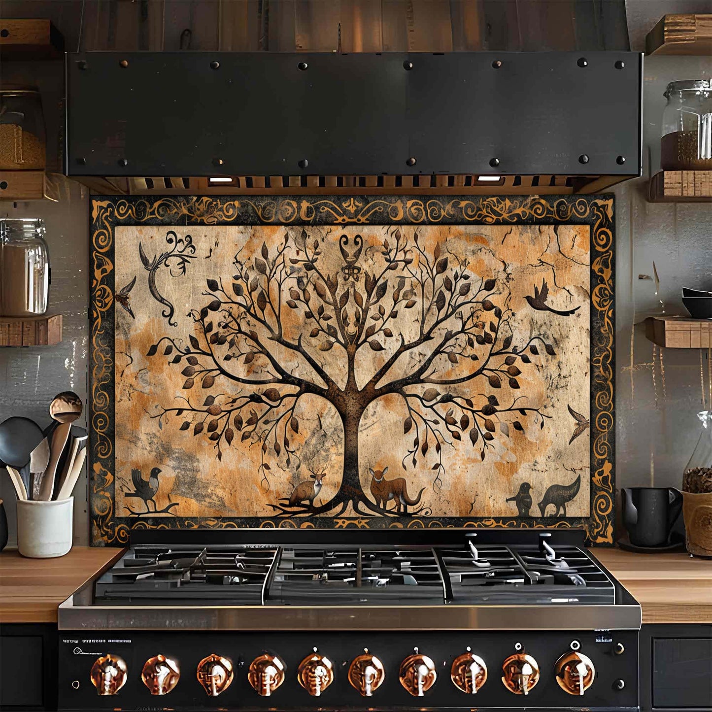 Stove with decorative glass backsplash featuring a tree design in a kitchen setting.