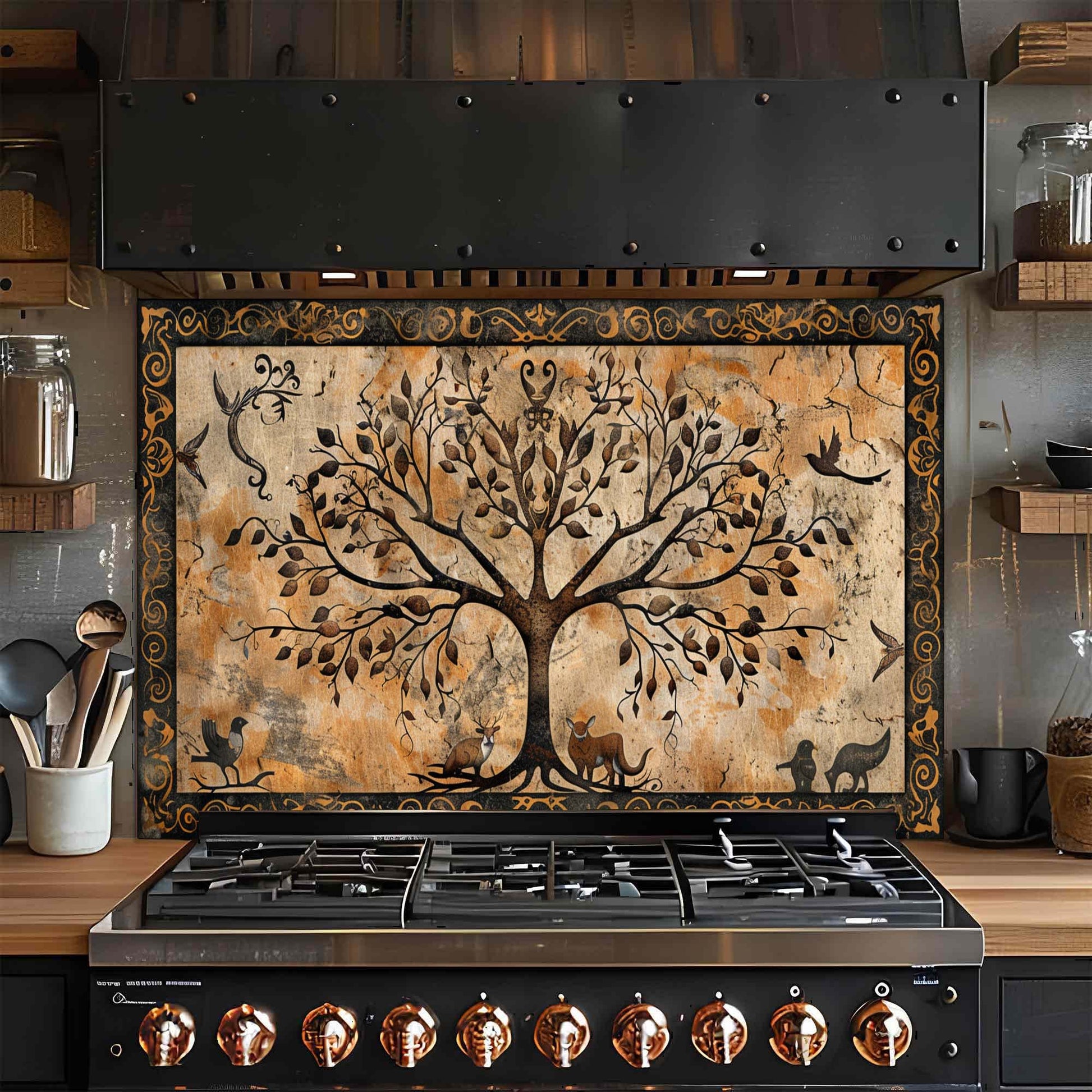 Stove with decorative glass backsplash featuring a tree design in a kitchen setting.