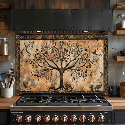Stove with decorative glass backsplash featuring a tree design in a kitchen setting.