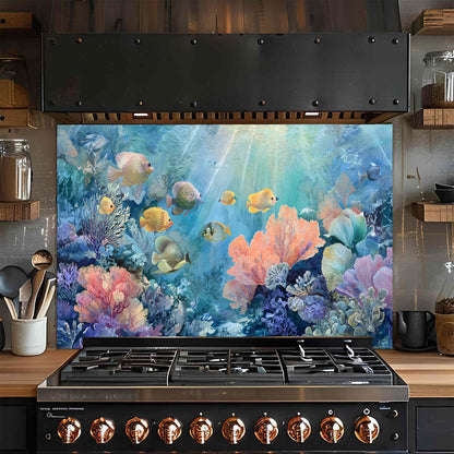 Stainless steel gas stove with an underwater-themed glass backsplash in a kitchen setting