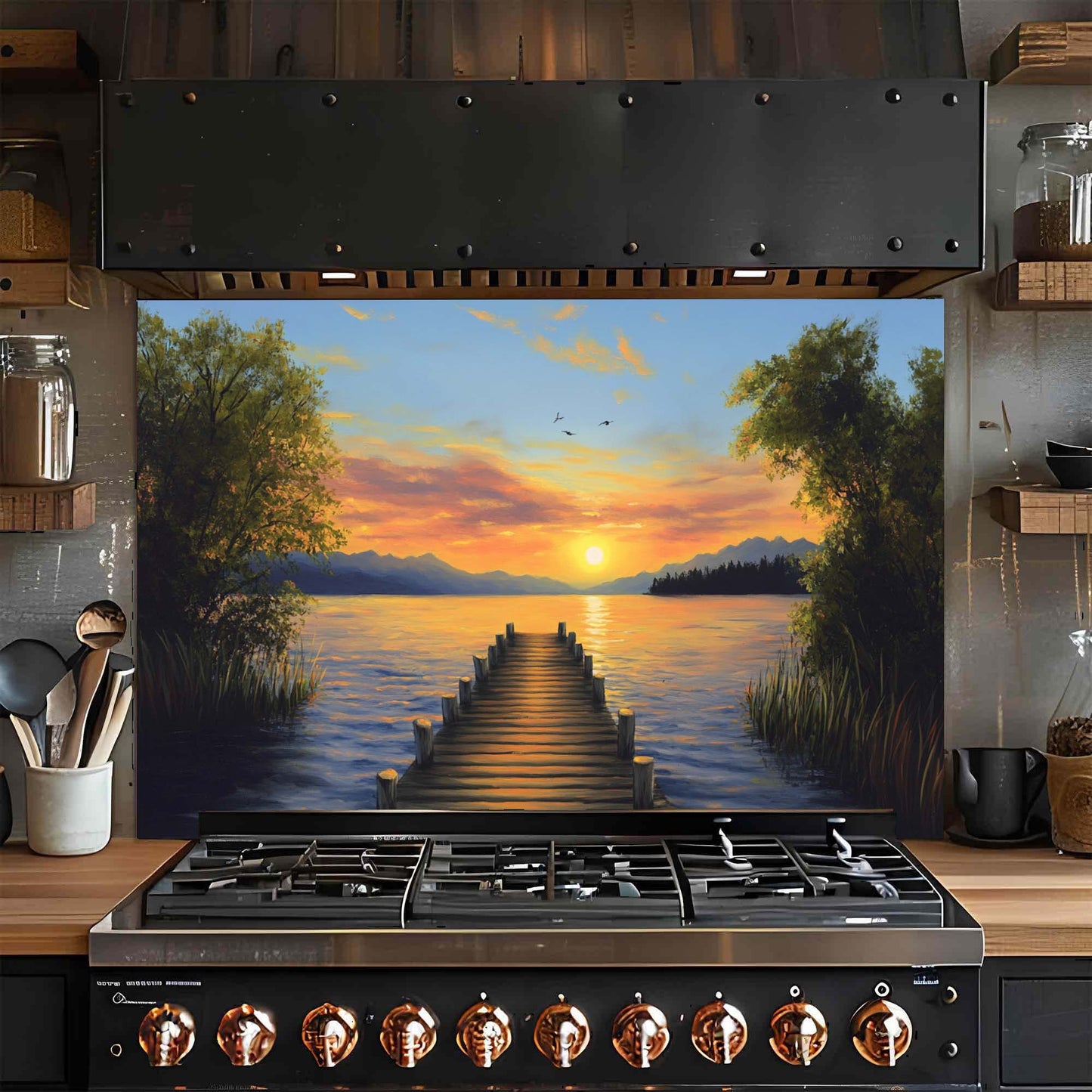 Tempered Glass Backsplash – Wooden Dock with Sunset Over Lake and Mountains, Warm Kitchen Backsplash