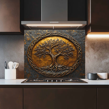 Decorative glass backsplash with a tree design in a modern kitchen setting