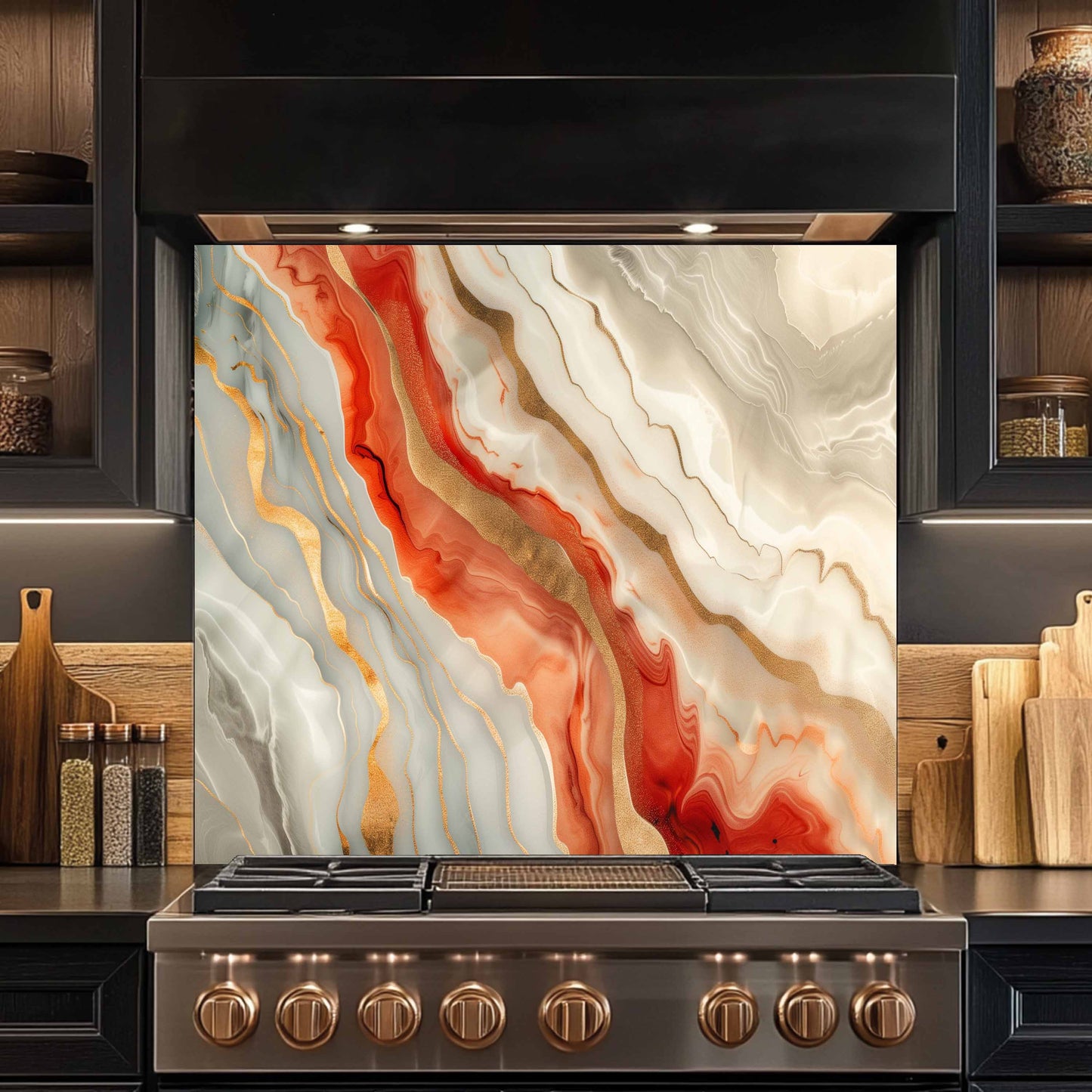 Stainless steel stove with a decorative marble backsplash in a kitchen setting.