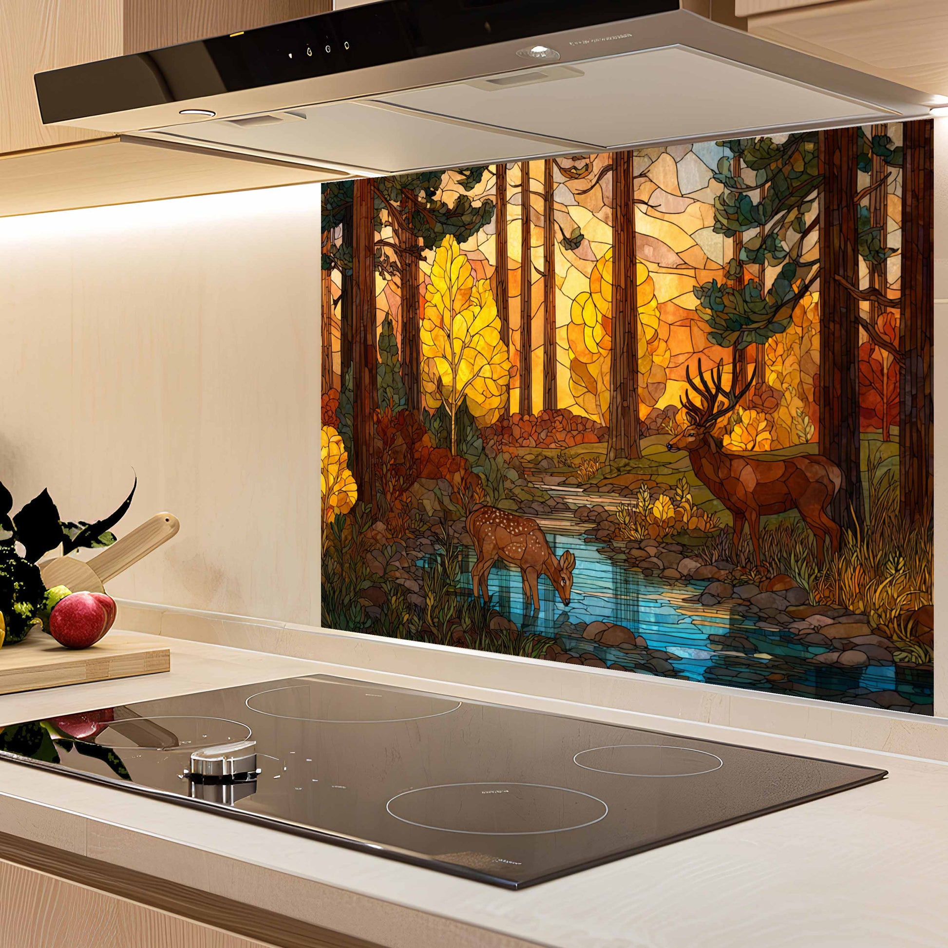 Stained glass-style wall art of a forest scene with deer in a kitchen setting.