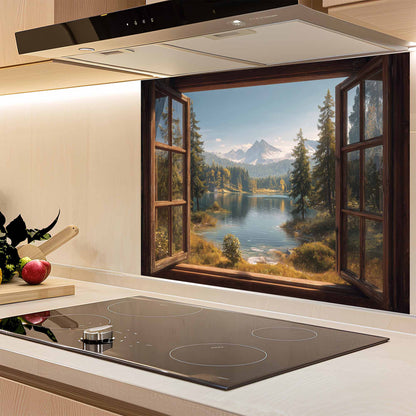 Modern kitchen with a scenic window view of a lake and mountains glass backsplash.