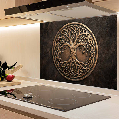 Decorative backsplash with tree of life design in a kitchen setting