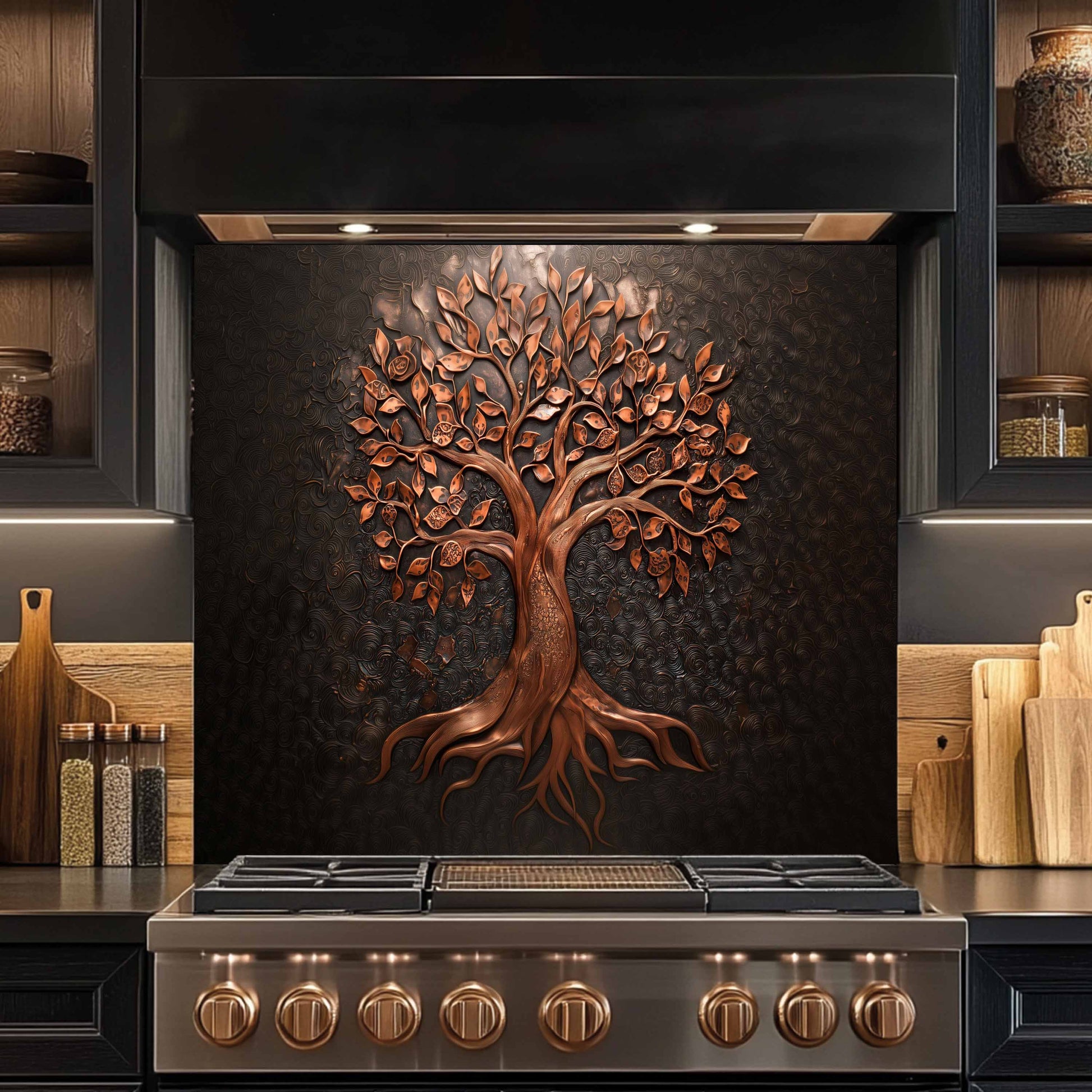 Decorative copper tree on a kitchen stove backsplash with wooden shelves in the background.