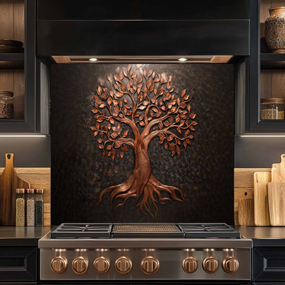 Decorative copper tree on a kitchen stove backsplash with wooden shelves in the background.