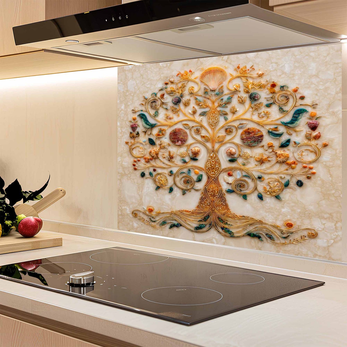 Decorative glass splashback with a tree design in a kitchen
