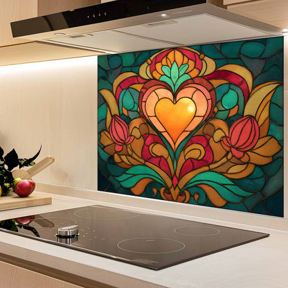 Kitchen with a colorful heart design backsplash