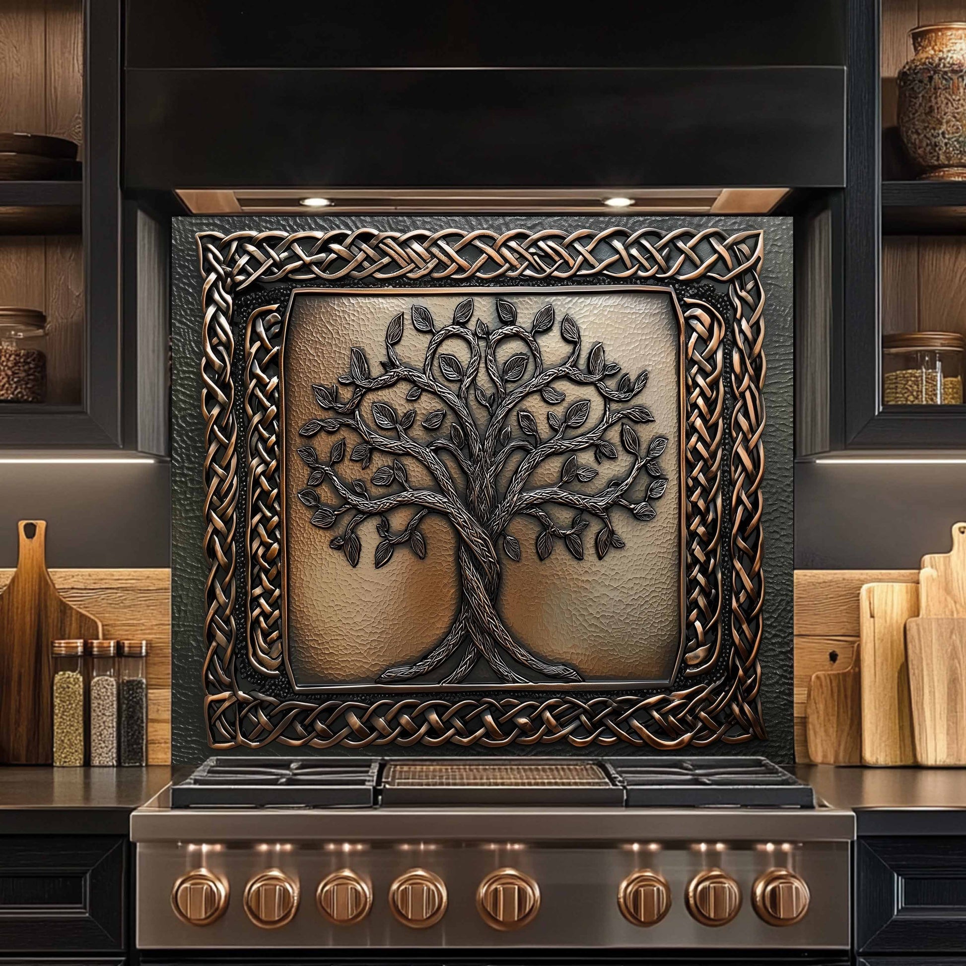 Decorative glass backsplash with tree design above a stove in a kitchen setting