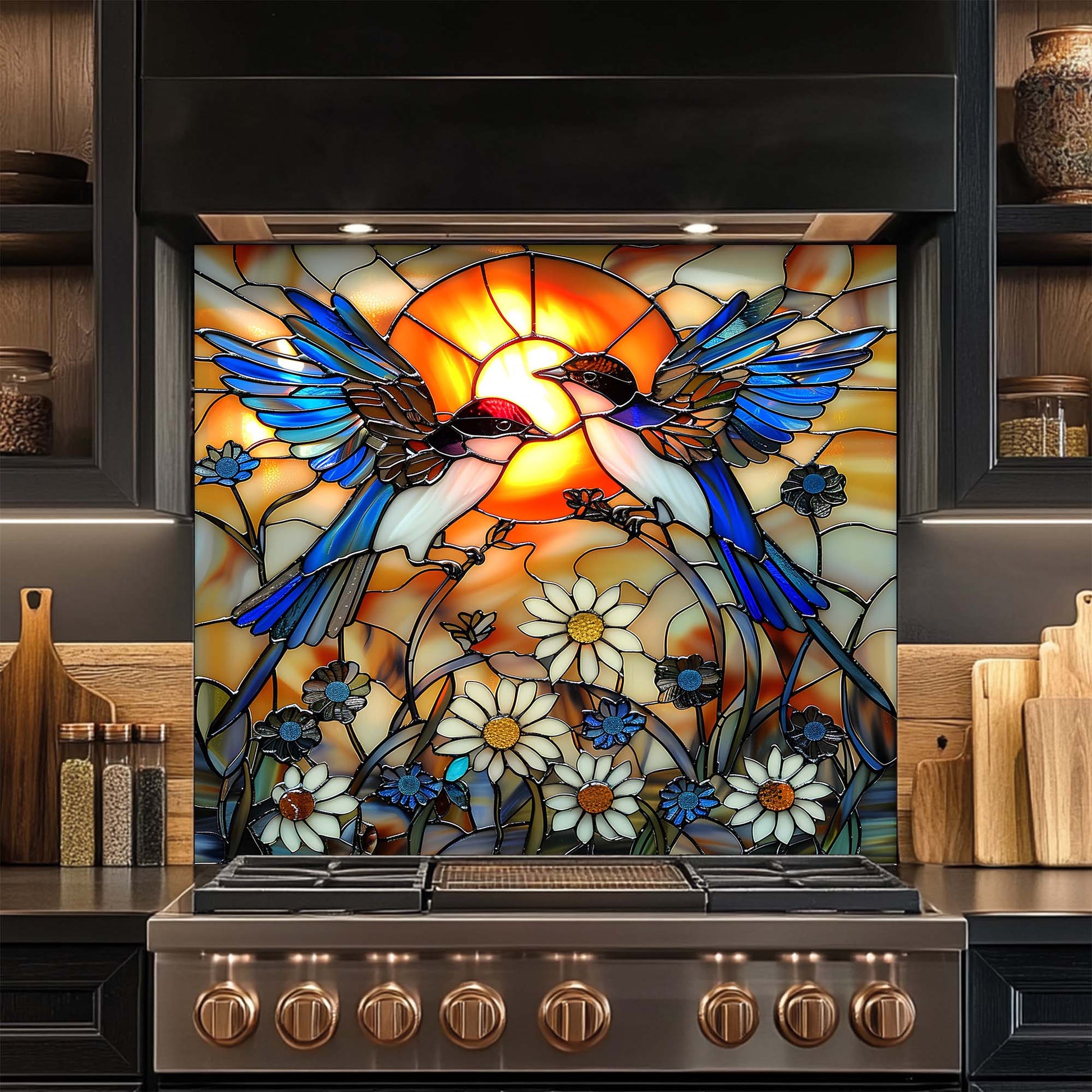 Stained glass backsplash with birds and flowers above a stove in a kitchen setting