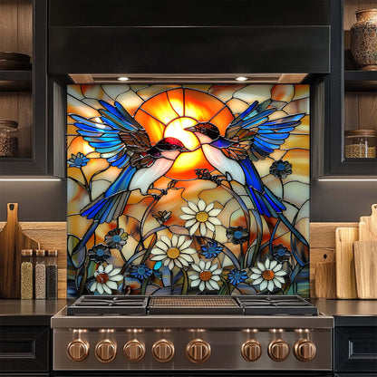 Stained glass backsplash with birds and flowers above a stove in a kitchen setting