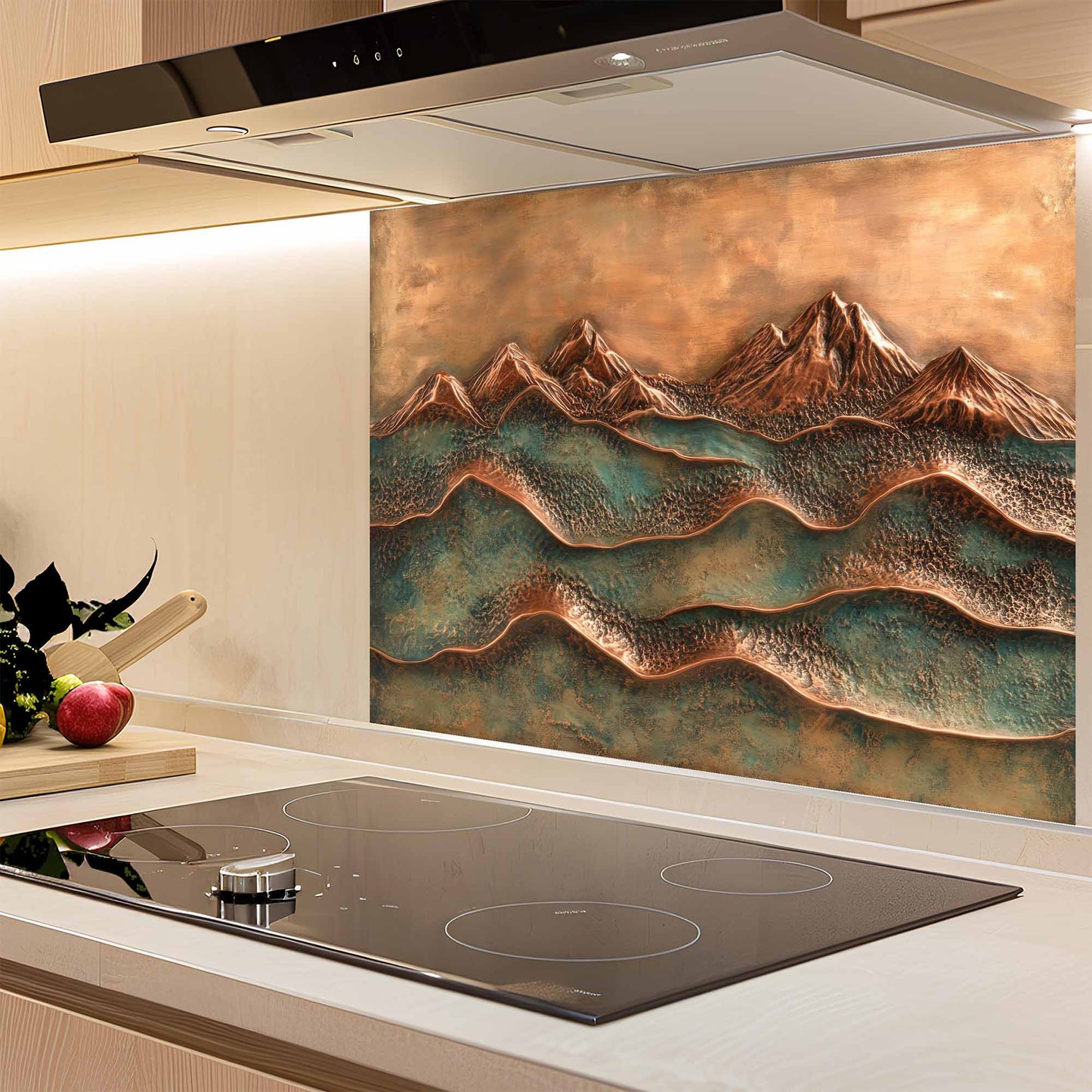 Kitchen with a decorative copper mountain backsplash above an induction cooktop.