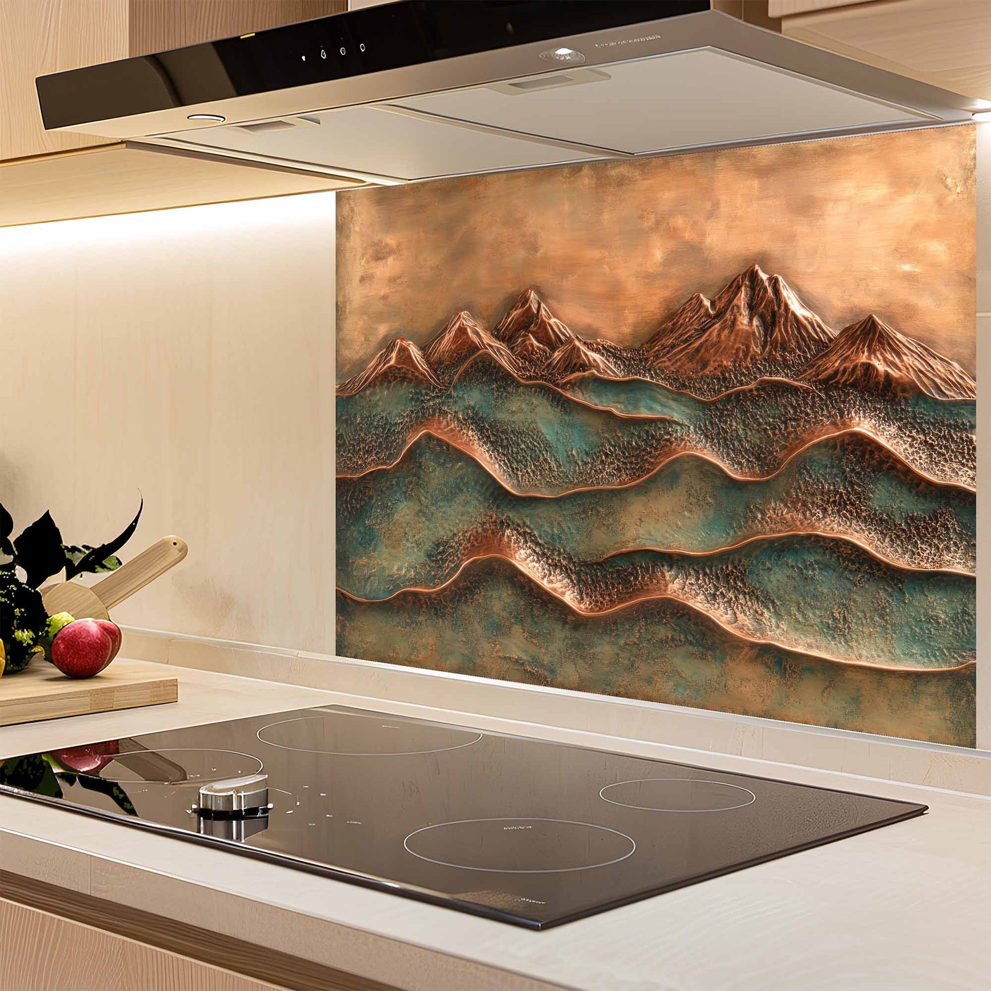 Kitchen with a decorative copper mountain backsplash above an induction cooktop.